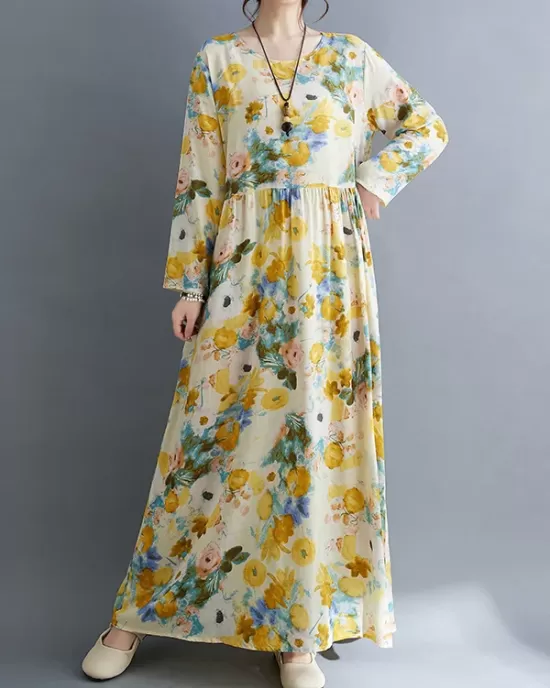 Flower Print Split-Joint Long Sleeves Loose Round-Neck Midi Dresses