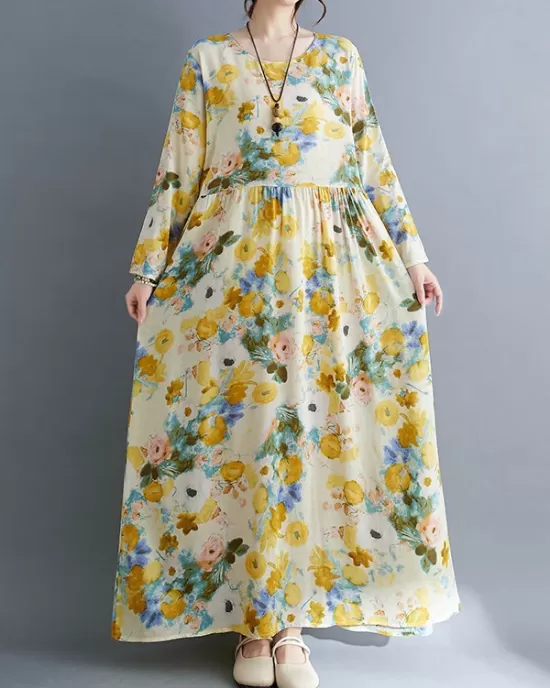 Flower Print Split-Joint Long Sleeves Loose Round-Neck Midi Dresses