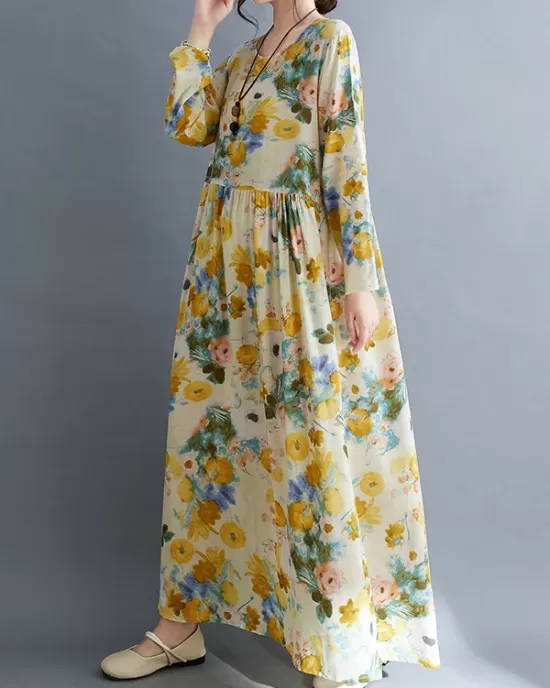 Flower Print Split-Joint Long Sleeves Loose Round-Neck Midi Dresses