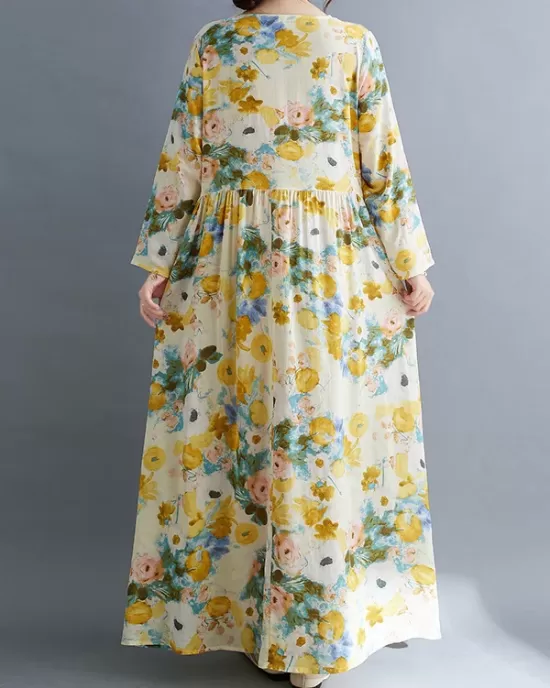 Flower Print Split-Joint Long Sleeves Loose Round-Neck Midi Dresses