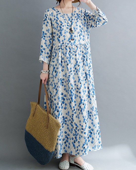 Flower Print Split-Joint Long Sleeves Loose Round-Neck Midi Dresses