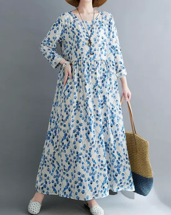 Flower Print Split-Joint Long Sleeves Loose Round-Neck Midi Dresses