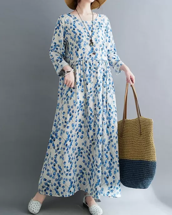 Flower Print Split-Joint Long Sleeves Loose Round-Neck Midi Dresses