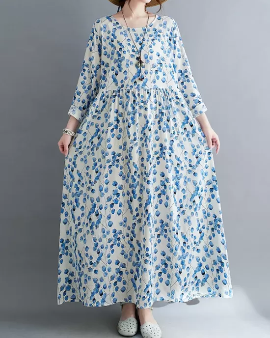 Flower Print Split-Joint Long Sleeves Loose Round-Neck Midi Dresses