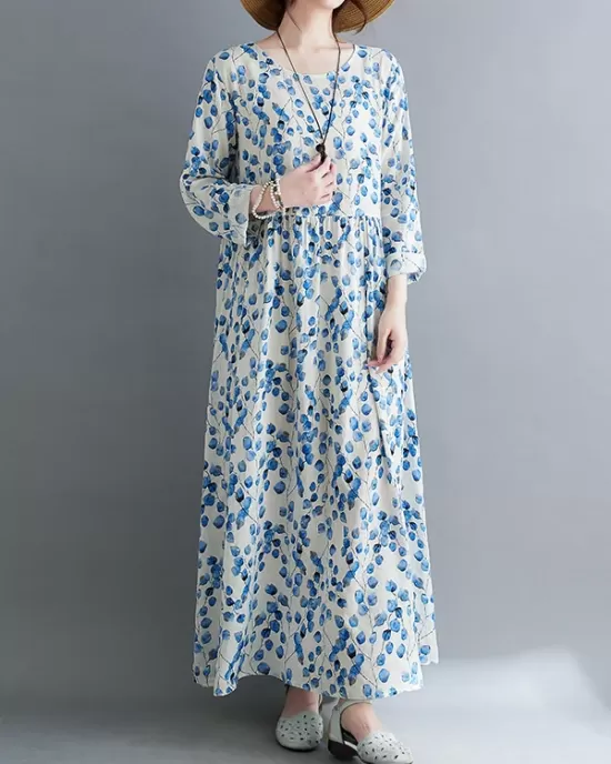 Flower Print Split-Joint Long Sleeves Loose Round-Neck Midi Dresses