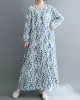 Flower Print Split-Joint Long Sleeves Loose Round-Neck Midi Dresses