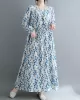 Flower Print Split-Joint Long Sleeves Loose Round-Neck Midi Dresses