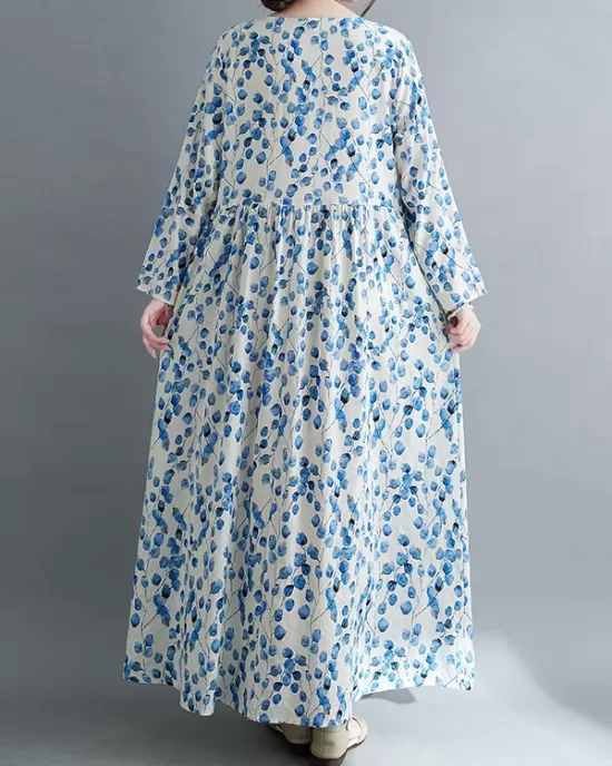 Flower Print Split-Joint Long Sleeves Loose Round-Neck Midi Dresses