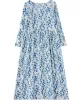 Flower Print Split-Joint Long Sleeves Loose Round-Neck Midi Dresses