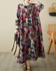 Flower Print Pockets Split-Joint Long Sleeves Loose Round-Neck Midi Dresses