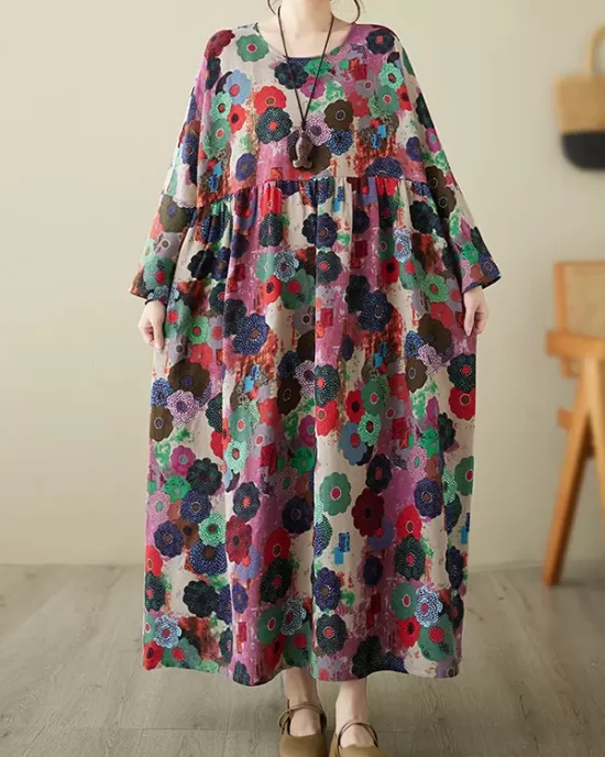 Flower Print Pockets Split-Joint Long Sleeves Loose Round-Neck Midi Dresses