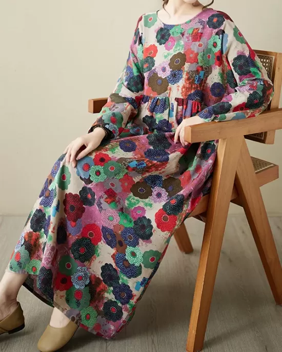 Flower Print Pockets Split-Joint Long Sleeves Loose Round-Neck Midi Dresses