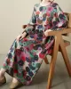 Flower Print Pockets Split-Joint Long Sleeves Loose Round-Neck Midi Dresses