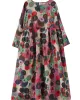 Flower Print Pockets Split-Joint Long Sleeves Loose Round-Neck Midi Dresses