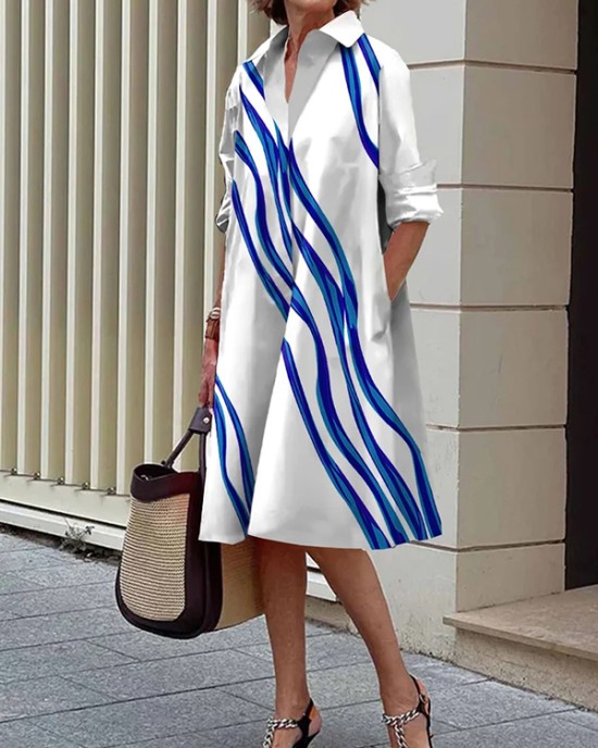 Loose Three-Quarter Sleeves Buttoned Striped Lapel Collar Midi Dresses