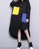 Long Sleeves Loose Asymmetric Buttoned Contrast Color Pockets Lapel Midi Dresses Shirt Dress