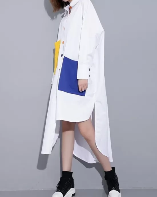 Long Sleeves Loose Asymmetric Buttoned Contrast Color Pockets Lapel Midi Dresses Shirt Dress