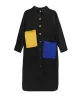 Long Sleeves Loose Asymmetric Buttoned Contrast Color Pockets Lapel Midi Dresses Shirt Dress