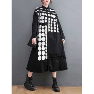 Asymmetric Buttoned Polka-Dot A-Line Long Sleeves Lapel Midi Dresses