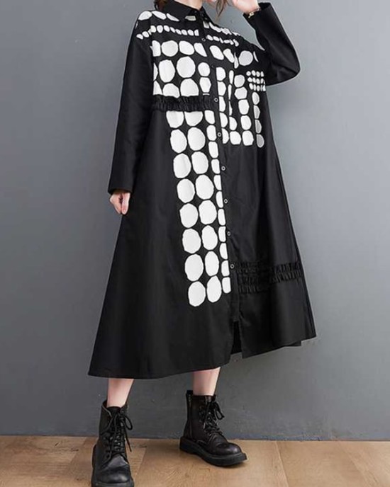 Asymmetric Buttoned Polka-Dot A-Line Long Sleeves Lapel Midi Dresses