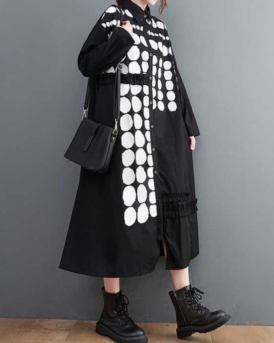 Asymmetric Buttoned Polka-Dot A-Line Long Sleeves Lapel Midi Dresses