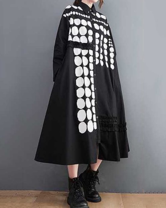 Asymmetric Buttoned Polka-Dot A-Line Long Sleeves Lapel Midi Dresses