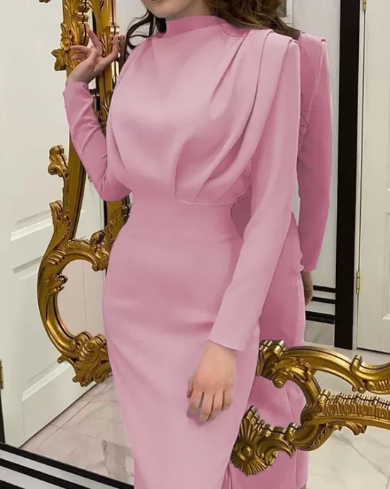 Pleated Solid Color High Waisted Long Sleeves Mock Neck Midi Dresses