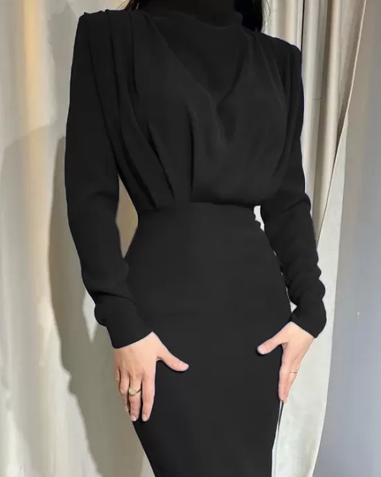 Pleated Solid Color High Waisted Long Sleeves Mock Neck Midi Dresses