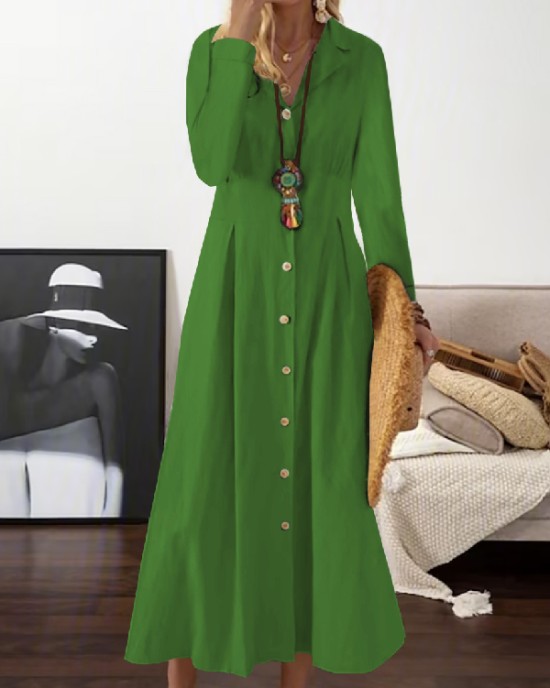 Long Sleeves Loose Pleated Lapel Midi Dresses Shirt Dress