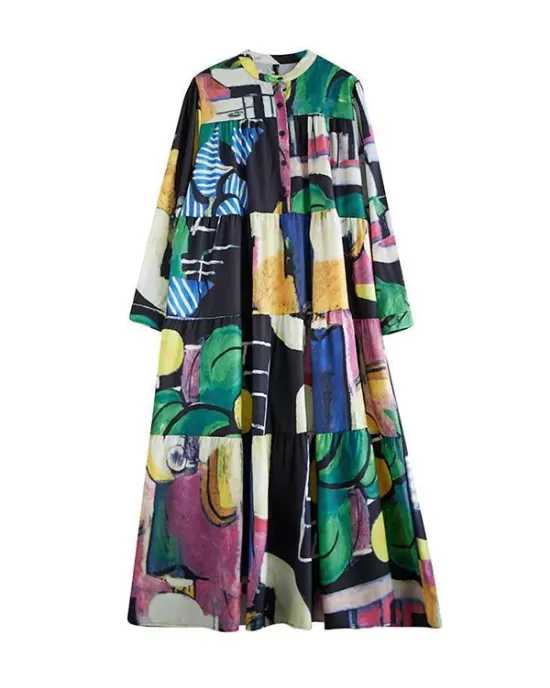 Buttoned Printed Split-Joint Long Sleeves Loose Round-Neck Midi Dresses