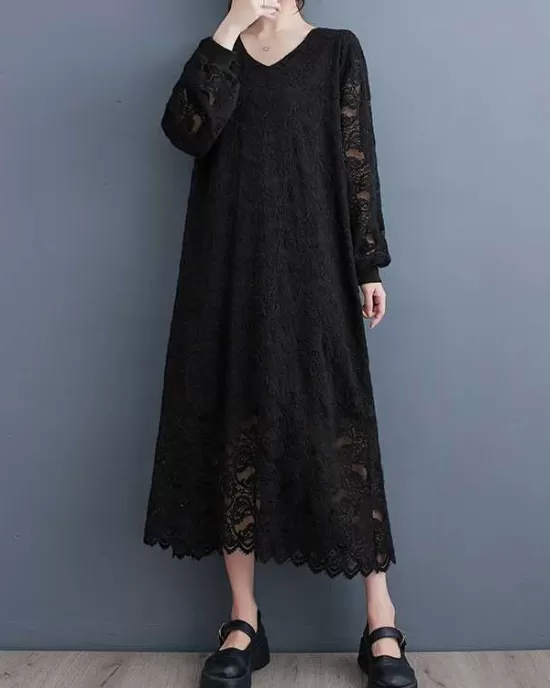 Jacquard Bishop Sleeve Long Sleeves V-Neck Midi Dresses