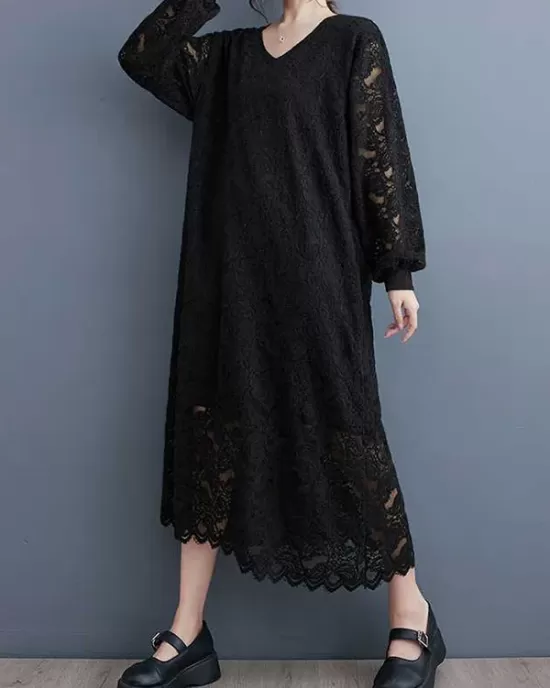 Jacquard Bishop Sleeve Long Sleeves V-Neck Midi Dresses