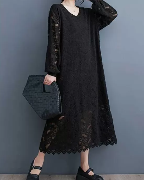 Jacquard Bishop Sleeve Long Sleeves V-Neck Midi Dresses