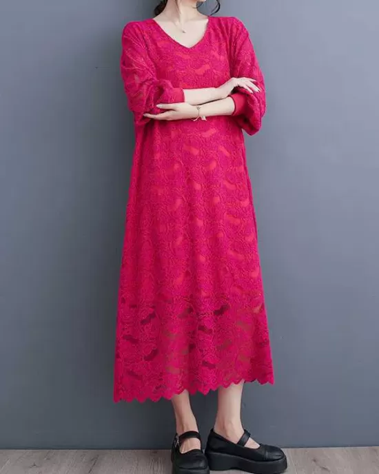 Jacquard Bishop Sleeve Long Sleeves V-Neck Midi Dresses