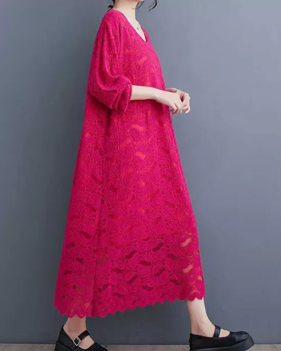 Jacquard Bishop Sleeve Long Sleeves V-Neck Midi Dresses