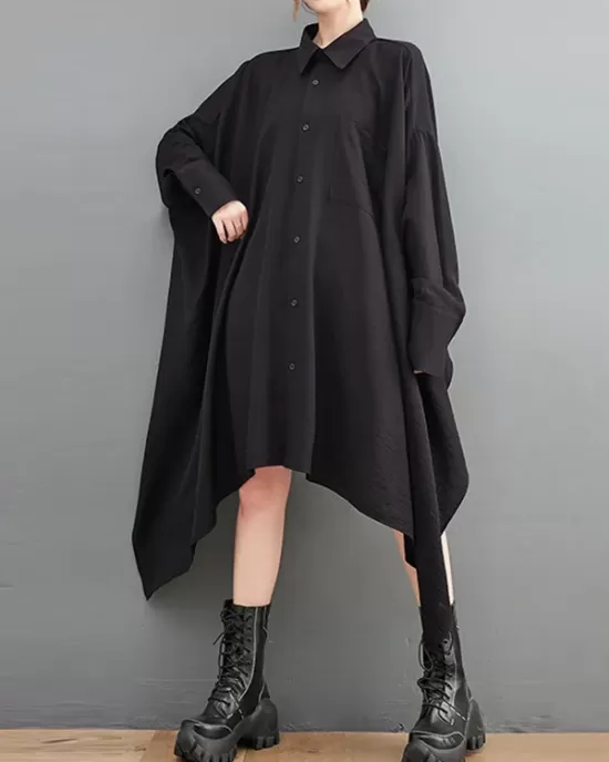 Asymmetric Buttoned Pockets Solid Color A-Line High-Low Lapel Shirt Dress Midi Dresses