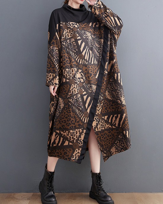 Asymmetric Printed Split-Front Split-Joint Long Sleeves Loose Mock Neck Midi Dresses