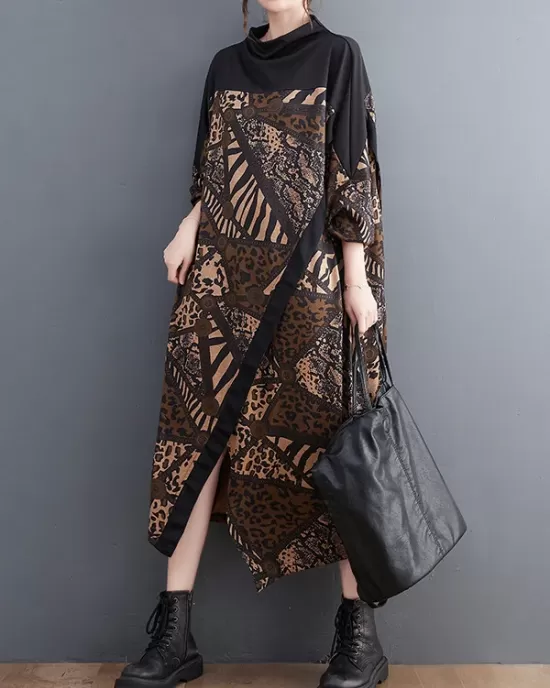 Asymmetric Printed Split-Front Split-Joint Long Sleeves Loose Mock Neck Midi Dresses