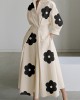 Long Sleeves Loose Contrast Color Floral Printed Pleated Tied Waist Lapel Shirt Dress