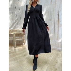 Buttoned Elasticity Solid Color Split-Side A-Line Long Sleeves V-Neck Midi Dresses