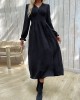 Buttoned Elasticity Solid Color Split-Side A-Line Long Sleeves V-Neck Midi Dresses