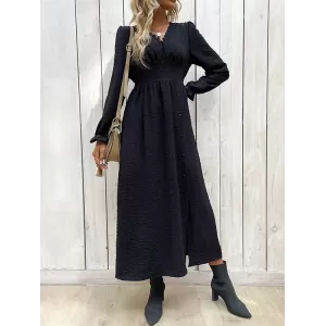 Buttoned Elasticity Solid Color Split-Side A-Line Long Sleeves V-Neck Midi Dresses