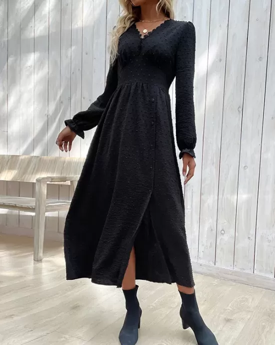 Buttoned Elasticity Solid Color Split-Side A-Line Long Sleeves V-Neck Midi Dresses