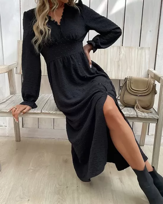 Buttoned Elasticity Solid Color Split-Side A-Line Long Sleeves V-Neck Midi Dresses