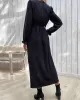 Buttoned Elasticity Solid Color Split-Side A-Line Long Sleeves V-Neck Midi Dresses