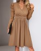 Pleated Solid Color Split-Joint Puff Sleeves Skinny V-Neck Midi Dresses