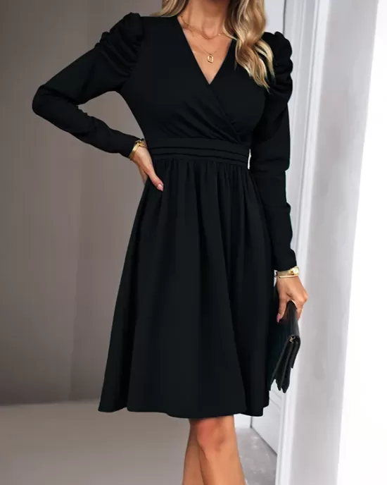 Pleated Solid Color Split-Joint Puff Sleeves Skinny V-Neck Midi Dresses