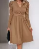 Pleated Solid Color Split-Joint Puff Sleeves Skinny V-Neck Midi Dresses