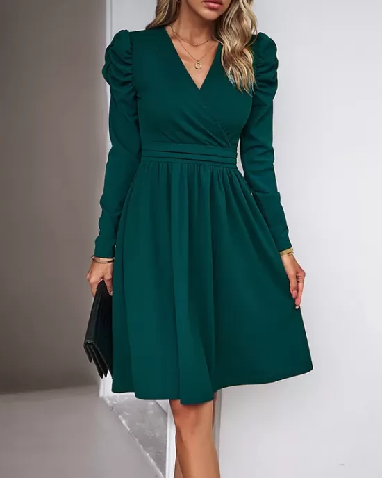 Pleated Solid Color Split-Joint Puff Sleeves Skinny V-Neck Midi Dresses