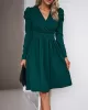 Pleated Solid Color Split-Joint Puff Sleeves Skinny V-Neck Midi Dresses